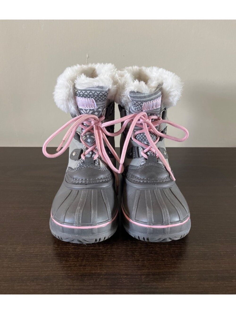 London Fog Collection Girls Size 1 Snow Boots Fair Isle Pattern Faux Fur Trim